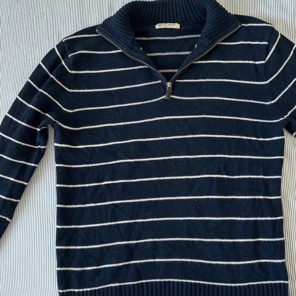 j crew navy and white striped quarter zip